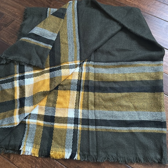 NEW! 52” square blanket scarf in mustard, brown & cream. - Picture 2 of 3
